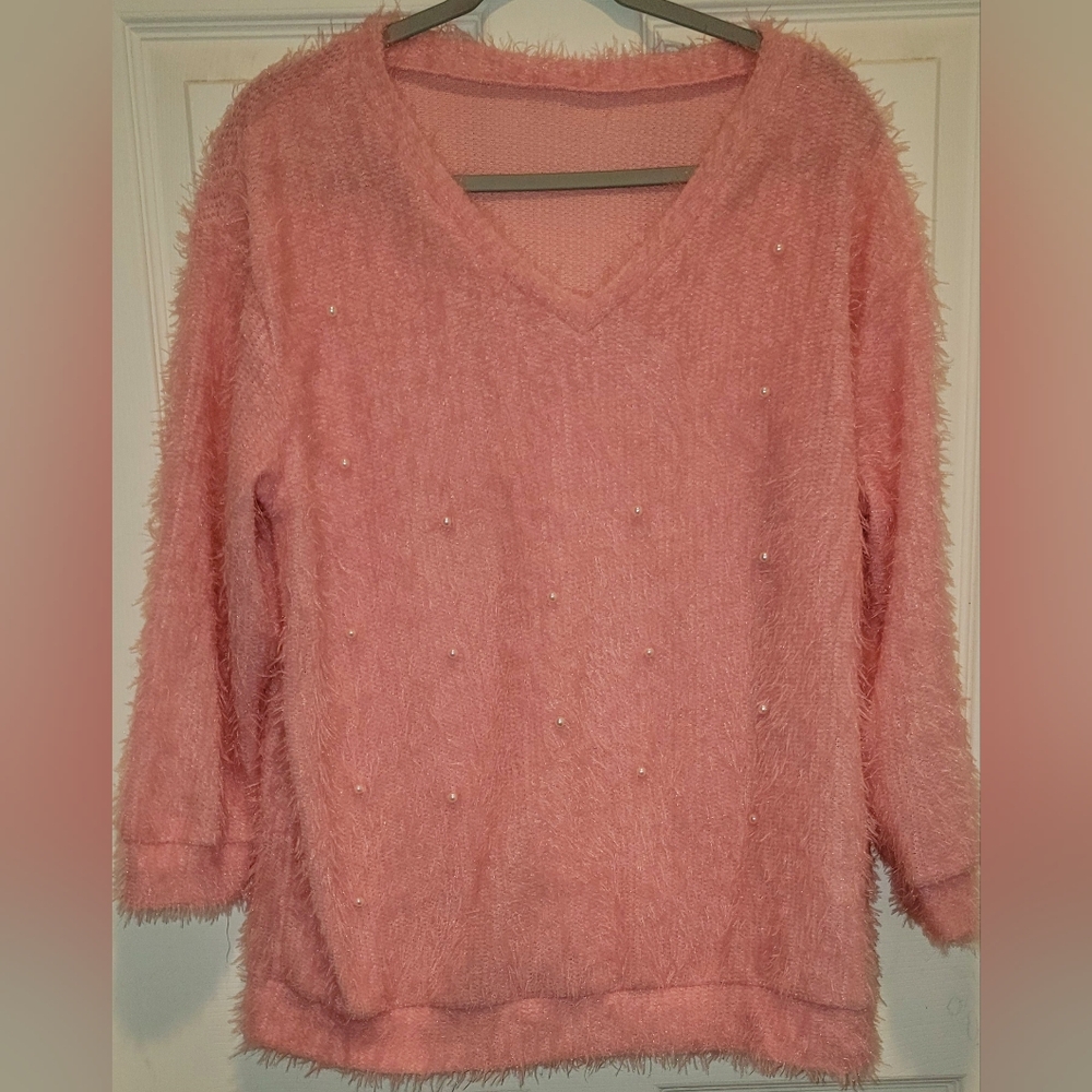 Soft fluffy Pale pink sweater with Faux Pearls